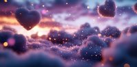 Dreamy romantic background with glowing heart shapes floating in purple and pink cloudy sky, sparkles and bokeh lights creating magical atmosphere.