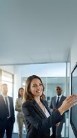 Professional businesswoman presenting to corporate team in modern office conference room with colleagues watching attentively in background.