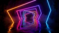 Futuristic neon tunnel with glowing geometric frames in purple, pink and blue colors reflecting on wet surface creating cyberpunk atmosphere for digital art.