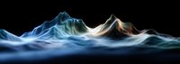Ethereal mountain landscape formed by luminous smoke waves in blue and orange hues against black background, creating mystical panoramic scenery.