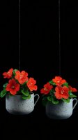 Vibrant red hibiscus flowers with water drops in vintage concrete cups against black background. Dramatic dark mood floral arrangement with green leaves.