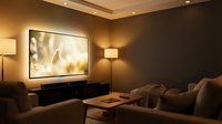 Modern living room interior with large TV screen and warm ambient lighting for home entertainment and relaxation.