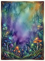 Enchanted forest scene with glowing mushrooms and magical flora set against dreamy watercolor sky in purple, blue, and gold tones. Fantasy woodland artwork.