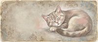 Tabby cat resting on vintage damask background, suitable for greeting cards, home decor, and nostalgic design projects.