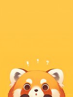 Surprised red panda face peeking from bottom frame on yellow background. Cute cartoon character with wide eyes and exclamation marks showing amazement expression.