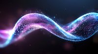 Glowing wave of sparkling particles flowing in space, purple and blue neon light stream with bokeh effect on dark background, cosmic energy motion.