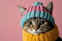 Adorable tabby cat wearing pastel knitted beanie and yellow scarf against pink background, close up portrait showing bright green eyes and sweet expression.