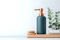 Minimalist bathroom set with matte green soap dispenser, wooden brush on bamboo tray and eucalyptus plant against white wall, modern spa concept.