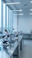 Modern laboratory interior with scientists working at microscopes and digital data displays in sterile white research facility for medical and scientific studies.