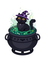 Black cat wearing purple witch hat sitting in magical cauldron with glowing green potion and sparkles, isolated on white background for Halloween designs and seasonal graphics.