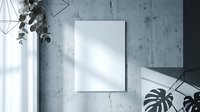 Blank white canvas mockup on concrete wall with eucalyptus branch and geometric shadows. Modern minimalist interior design template for artwork display.