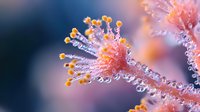 Microscopic view of virus structure with orange spherical proteins and crystalline formations in purple and blue tones, scientific visualization for medical research.