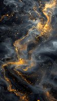 Abstract dark gray smoke with golden glowing particles and light effects creating mysterious flowing patterns against black background. Suitable for luxury design.