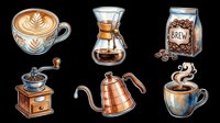 Six watercolor coffee clipart elements isolated on transparent background, including latte cup, pour-over, grinder, kettle, and brew bag. Great for stickers, t-shirts, print on demand.
