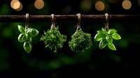 Fresh herbs hanging to dry against dark background with bokeh lights, basil and parsley bunches suspended on rustic wooden rod, culinary concept.