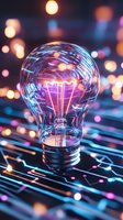 Glowing light bulb on circuit board background with neon blue and pink illumination, bokeh effects creating futuristic atmosphere for technology concepts.