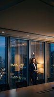 Professional businesswoman standing by floor-to-ceiling windows in modern office at dusk with city lights and warm interior lighting for corporate concepts.