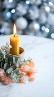 Beeswax candle burning with eucalyptus leaves and healing crystals on white surface with bokeh lights background for wellness meditation spa decor.