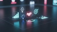 Digital business icons floating above smartphone screen showing growth charts, lightbulb innovation, handshake partnership and target symbols for technology solutions.