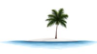 Single palm tree on small sandy island surrounded by calm blue water, isolated on white background for tropical design projects and summer concepts.