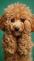 Adorable red poodle puppy with curly fur sitting against turquoise background, cute domestic pet portrait for veterinary and animal care concepts.