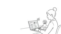 Young woman with hair bun working on laptop computer at desk in modern office workspace for remote work and productivity applications.