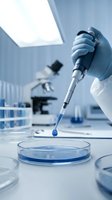 Laboratory scientist in protective gloves using micropipette to transfer blue liquid sample into petri dish during medical research experiment in modern lab.