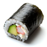 Fresh sushi roll with crab meat, cucumber and avocado wrapped in nori seaweed and white rice, photographed on white background for menu or food delivery.