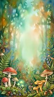 Enchanted forest scene with whimsical mushrooms, ferns, and glowing light filtering through canopy, featuring red toadstools and golden chanterelles among lush foliage and berries.