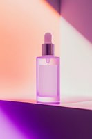 Frosted glass serum bottle with dropper on purple gradient background, soft pink lighting creates luxurious mood for cosmetic product photography.