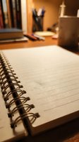 Open spiral notebook with lined pages on wooden desk with blurred office supplies and warm lighting for writing and note-taking workspace.