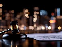 Wooden judge gavel on legal documents against blurred city lights background, dramatic lighting emphasizes legal authority and justice system concept.