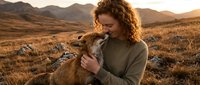 Young woman with curly hair embracing fox in golden hour mountain landscape. Tender moment between human and wild animal in autumn wilderness setting.