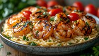 Grilled shrimp with herbs served over creamy pasta in rustic bowl, garnished with cherry tomatoes and fresh parsley for gourmet seafood dining experience.