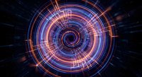 Futuristic spiral tunnel with glowing neon circles and light trails creating dynamic motion effect on dark background for technology and sci-fi designs.