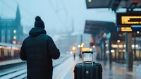 Person in winter coat waiting at foggy train station platform with luggage during blue hour, creating moody atmospheric scene with blurred city lights and departing train.