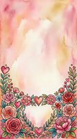 Watercolor gradient background with soft pink, yellow, and cream tones featuring decorative floral border of roses, peonies, and hearts. Isolated design element suitable for invitations, greeting cards, and digital projects.
