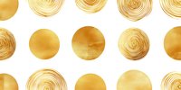 Seamless pattern with golden circles and spiral textures on white background. Luxurious metallic dots create elegant repeat design for fabric and wallpaper.