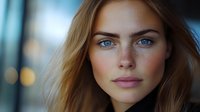 Young Caucasian woman with blue eyes and blonde hair looking directly at camera. Natural makeup, soft lighting creates depth and warmth. Blurred city lights background.