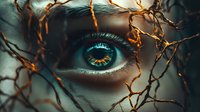 A close-up of a human eye with striking blue and golden irises, surrounded by intricate dried branches and twigs creating an artistic, surreal composition for conceptual and editorial use.