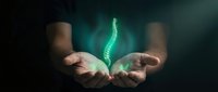 Hands holding glowing green digital DNA helix strand with futuristic holographic effect against dark background for biotechnology and genetic research concepts.