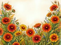 Vibrant watercolor wildflower border with red and yellow gaillardia blooms framing a warm cream background, copy space for text.