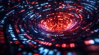 Digital vortex of binary code spiraling into glowing red center against dark background, creating futuristic tunnel effect with blue and red data streams.