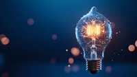 Glowing light bulb with digital particle effect and network connections on dark blue background with bokeh lights, representing innovation and creativity.