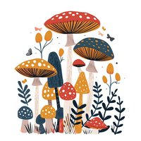 Decorative mushroom composition with butterflies and plants in Scandinavian style. Red, yellow and blue amanita mushrooms among floral elements on white background.