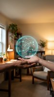Two hands holding glowing turquoise holographic sphere with geometric wireframe pattern in modern living room with warm lighting and plants for technology and innovation concepts.