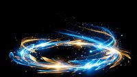 Dynamic swirling energy streams with glowing blue and golden light trails creating circular motion against dark background for digital art projects.