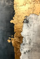 Abstract textured background with gold leaf, black and white paint creating dramatic contrast and rough organic edges. Modern wall art composition.