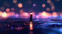 Glowing lighthouse silhouette against dark night sky with bokeh lights reflecting on water surface, creating magical atmosphere for dreamy backgrounds.