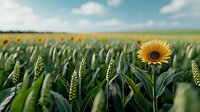Single sunflower standing tall among green wheat stalks in agricultural field under blue summer sky with white clouds, natural farming landscape.